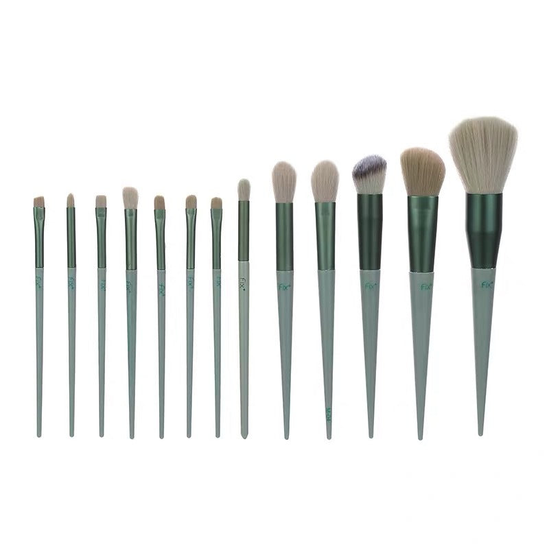 Set of 13 Supersonic makeup brushes including concealer, blush, powder, eye shadow, highlighter, and foundation brushes arranged in a case.